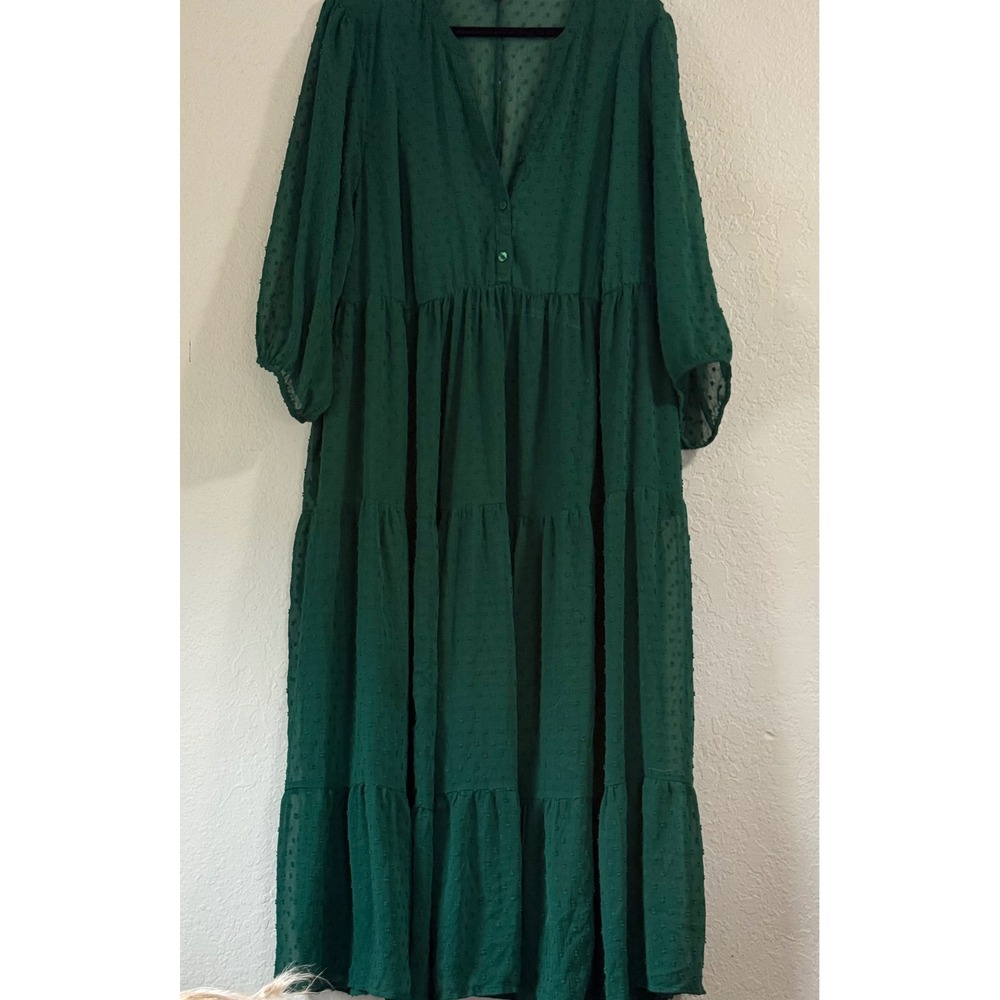 Torrid Womens Green Swiss Dot Tiered Maxi Dress V-Neck Boho Plus 4 4x Sheer